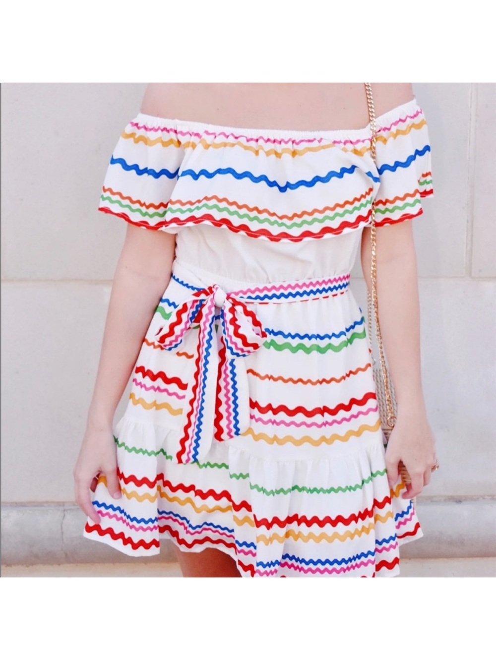 Flying Tomato Off-Shoulder White Sundress with Ric Rac Rainbow Wavy Stripes - Picture 2 of 12